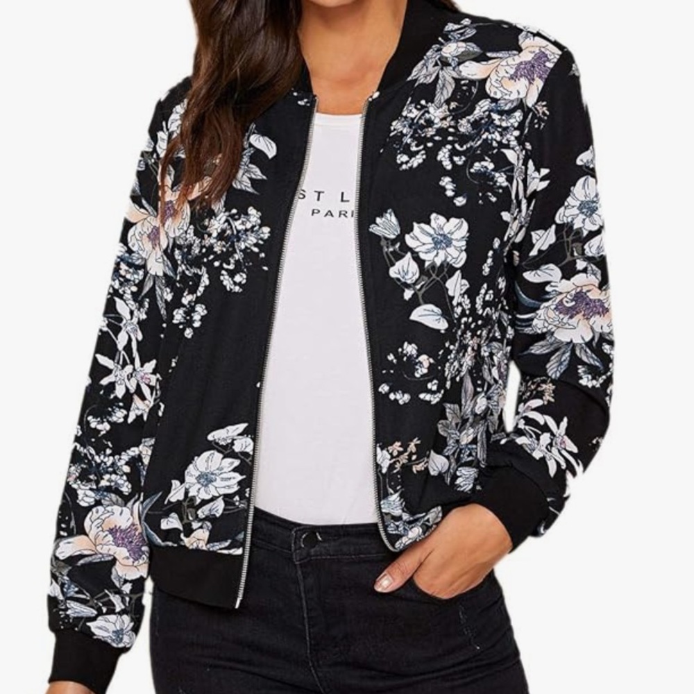 Amazon Black Floral Bomber Jacket
